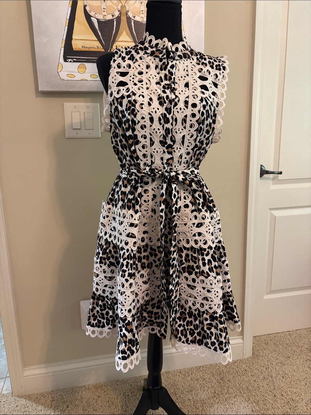 entro Black & Cream Leopard-Print Lace-Trim Midi Dress